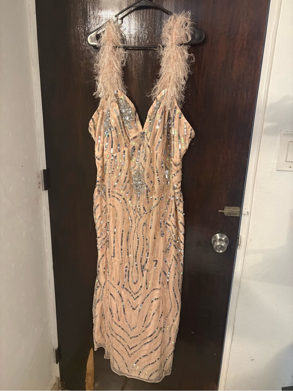 NWT ASOS Luxe Blush Sequin Formal Dress with Feather Straps. Size 24.